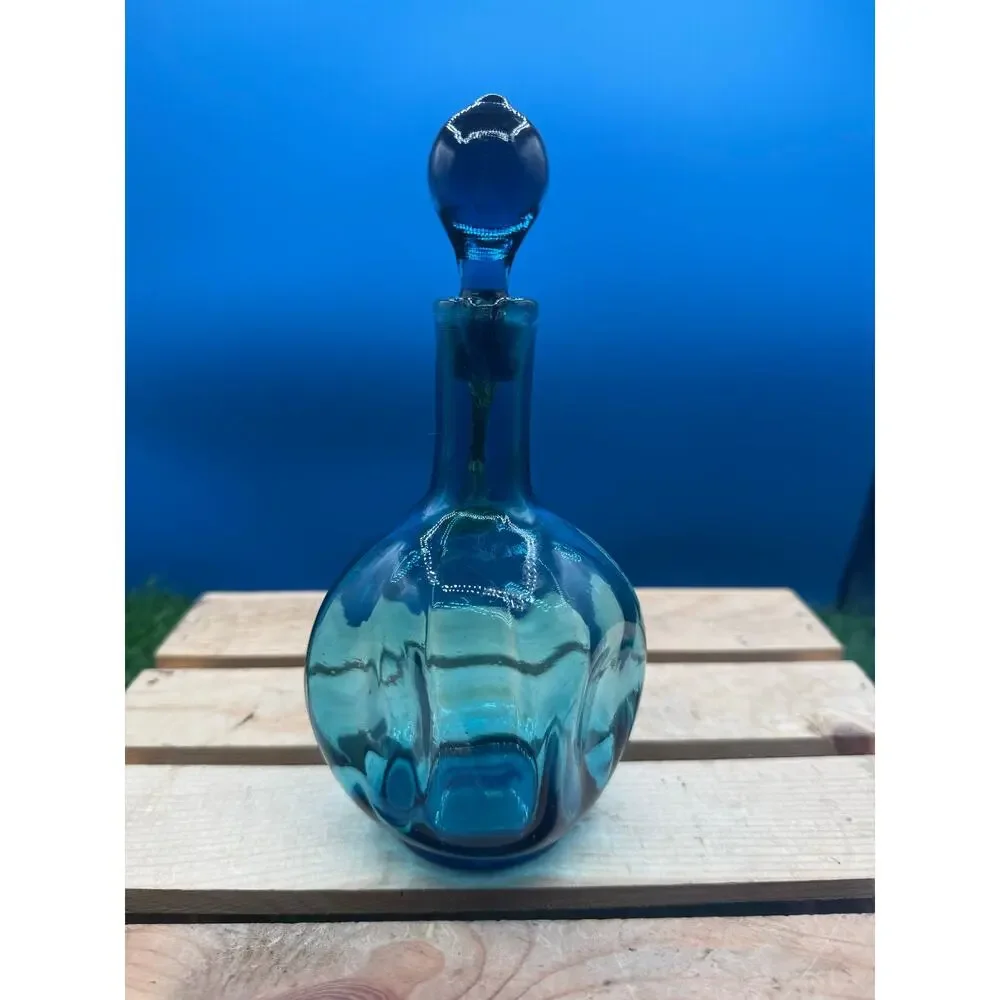 Blenko Style Mid-Century Blue Art Glass Decanter with Amber Handle - 8” Tall